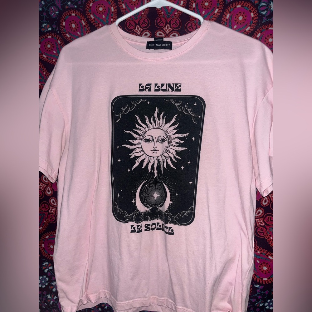 Pink Graphic Tee with Sun and Moon Design